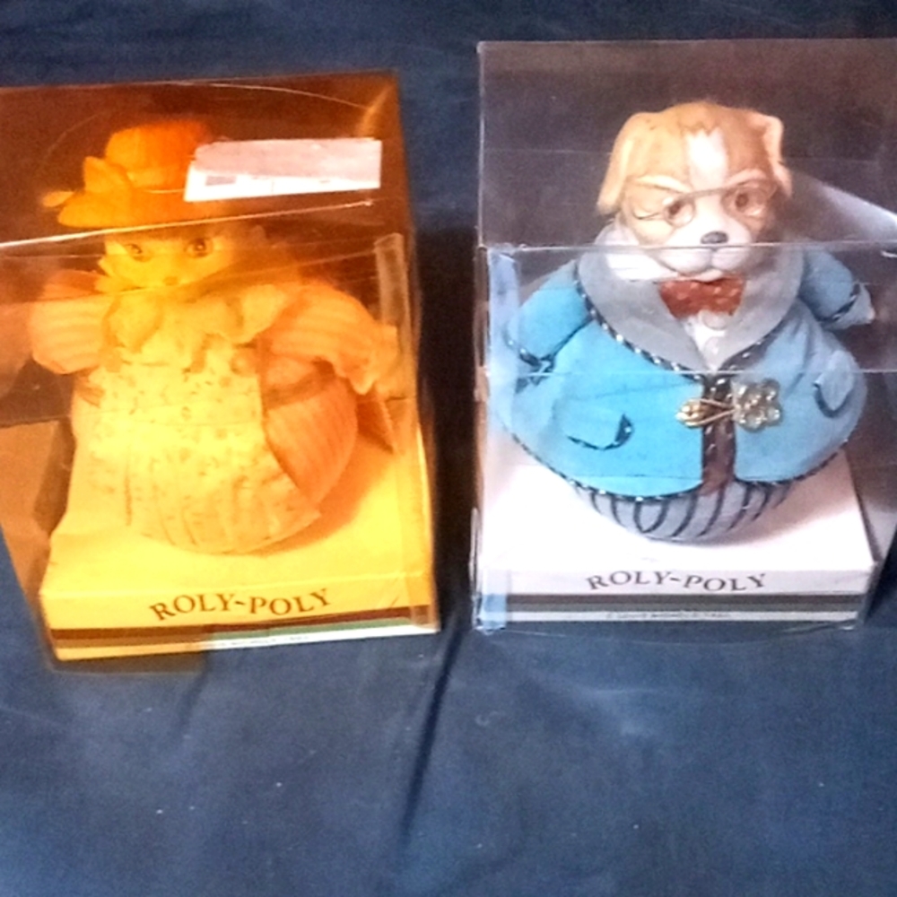 Vintage 1983 Santas World Kurt S Adler Inc Roly Poly Dog & Cat, Boxes damaged